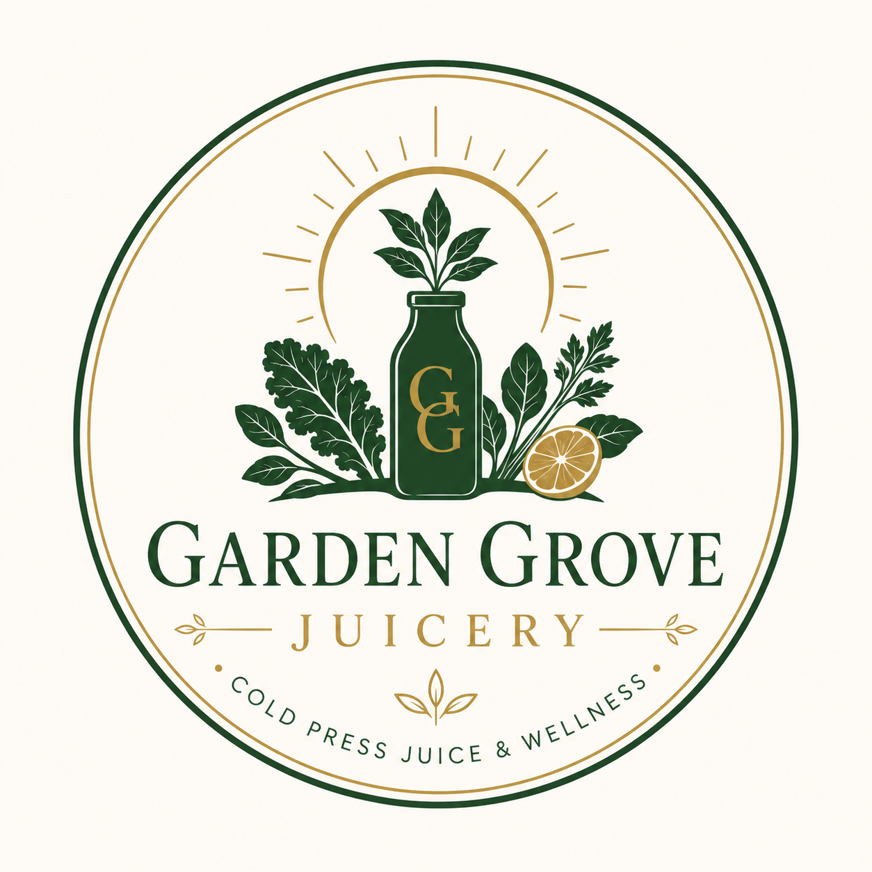 Logo for Garden Grove Juicery featuring a green juice bottle with leaves, surrounded by leafy greens and a lemon sliced in half, with gold and green accents, and the text "Garden Grove Juicery" and "Cold Press Juice & Wellness."