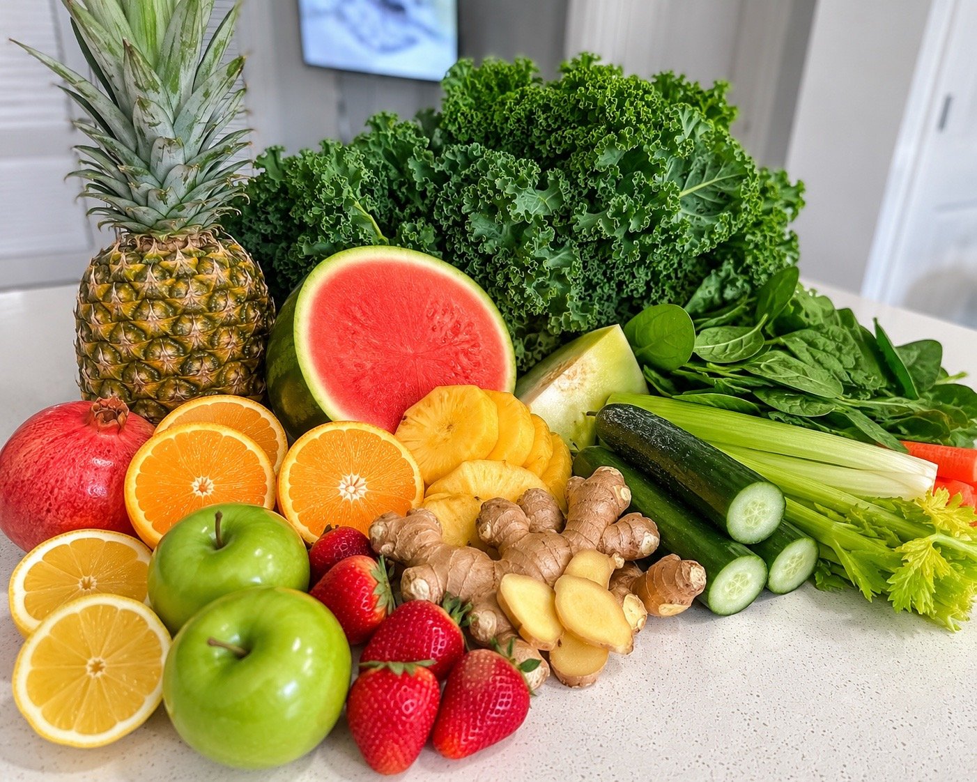 A variety of fresh fruits and vegetables on a white countertop, including pineapple, watermelon, oranges, green apples, strawberries, ginger, cucumber, zucchini, spinach, kale, celery, and carrots.