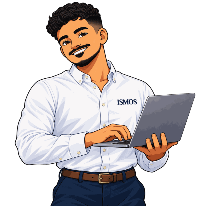 Ilustración de Essaí con camisa ISMOS y laptop