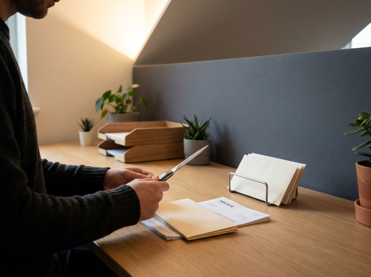 Person sorting papers at a wooden desk with potted plants, document trays, and file folders.