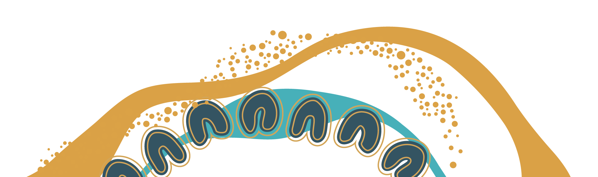 Graphic illustration of DNA with double helix structure, surrounded by abstract shapes and lines, in shades of blue, gold, and black.