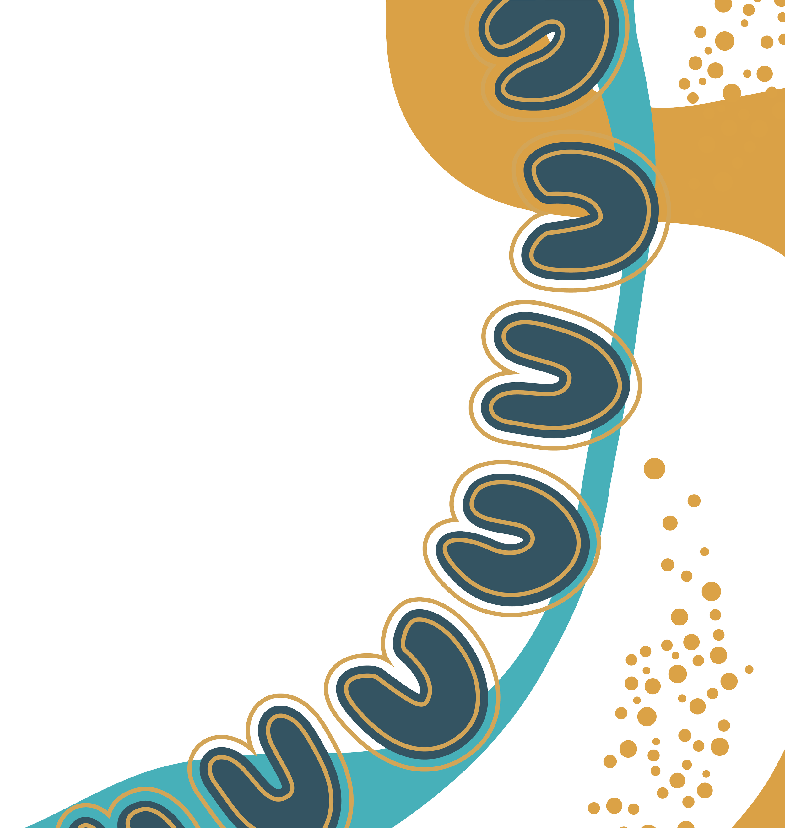 Abstract digital art with a large curving band of brown and turquoise, decorated with nested black and beige outlines, on a background featuring a circuit board pattern with circles and lines in brown, yellow, and turquoise.