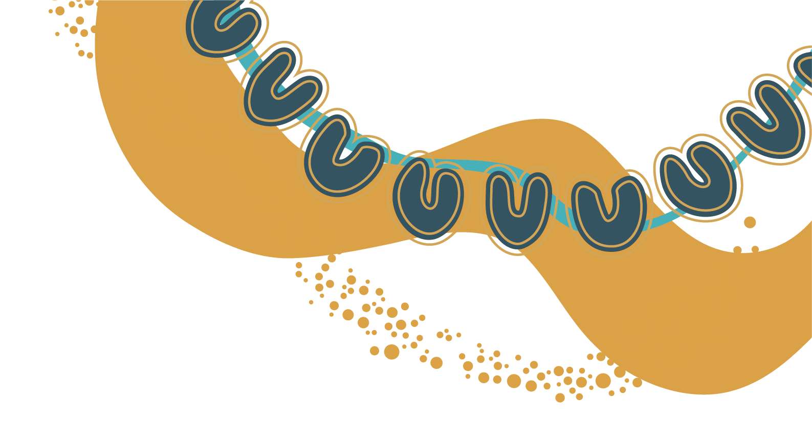 Illustration of a DNA double helix structure with a golden ribbon, surrounded by small golden particles.