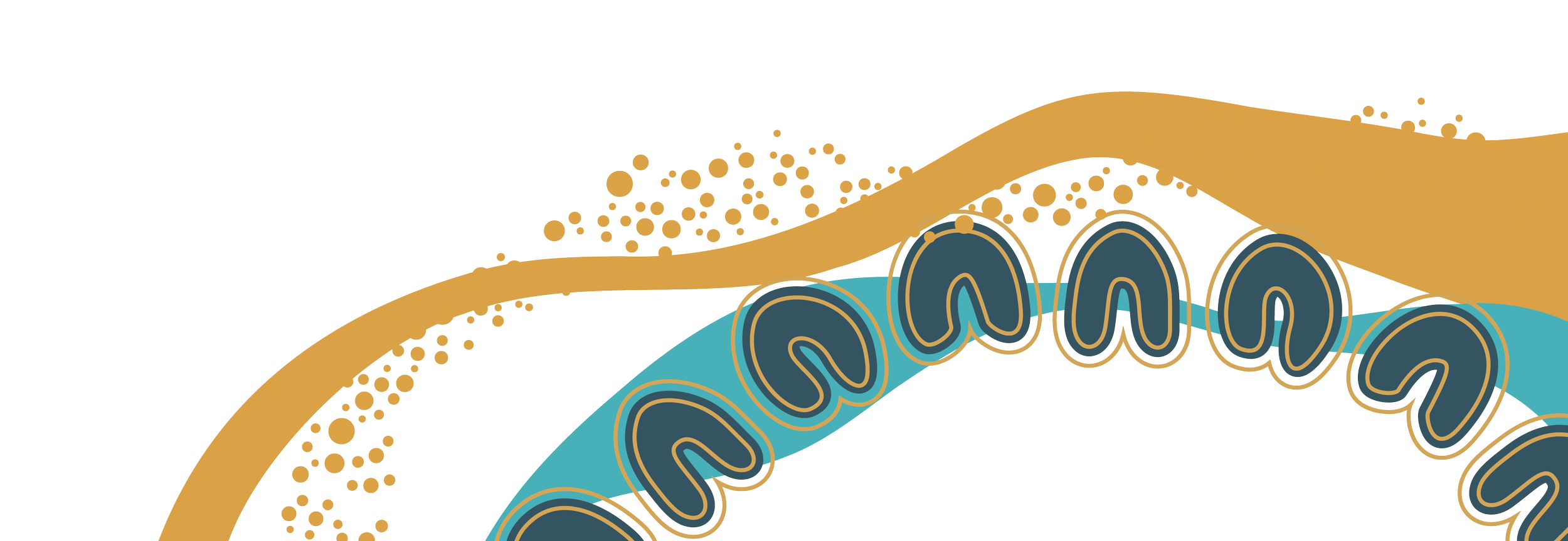 Close-up of a stylized, abstract digital illustration of a DNA double helix with color accents of black, gold, and teal.