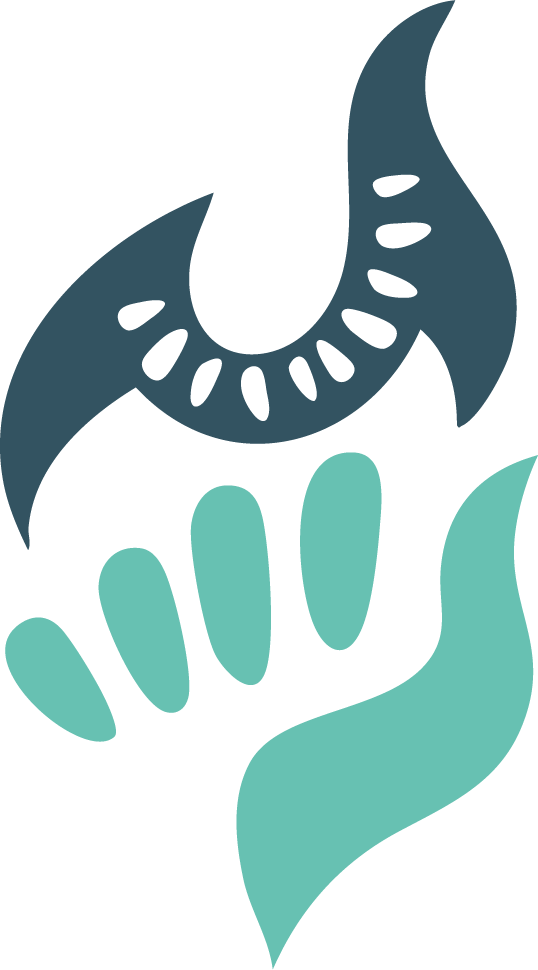 Abstract illustration of a hand holding a crescent-shaped object with a stylized bird or flame above it, in shades of teal and black.