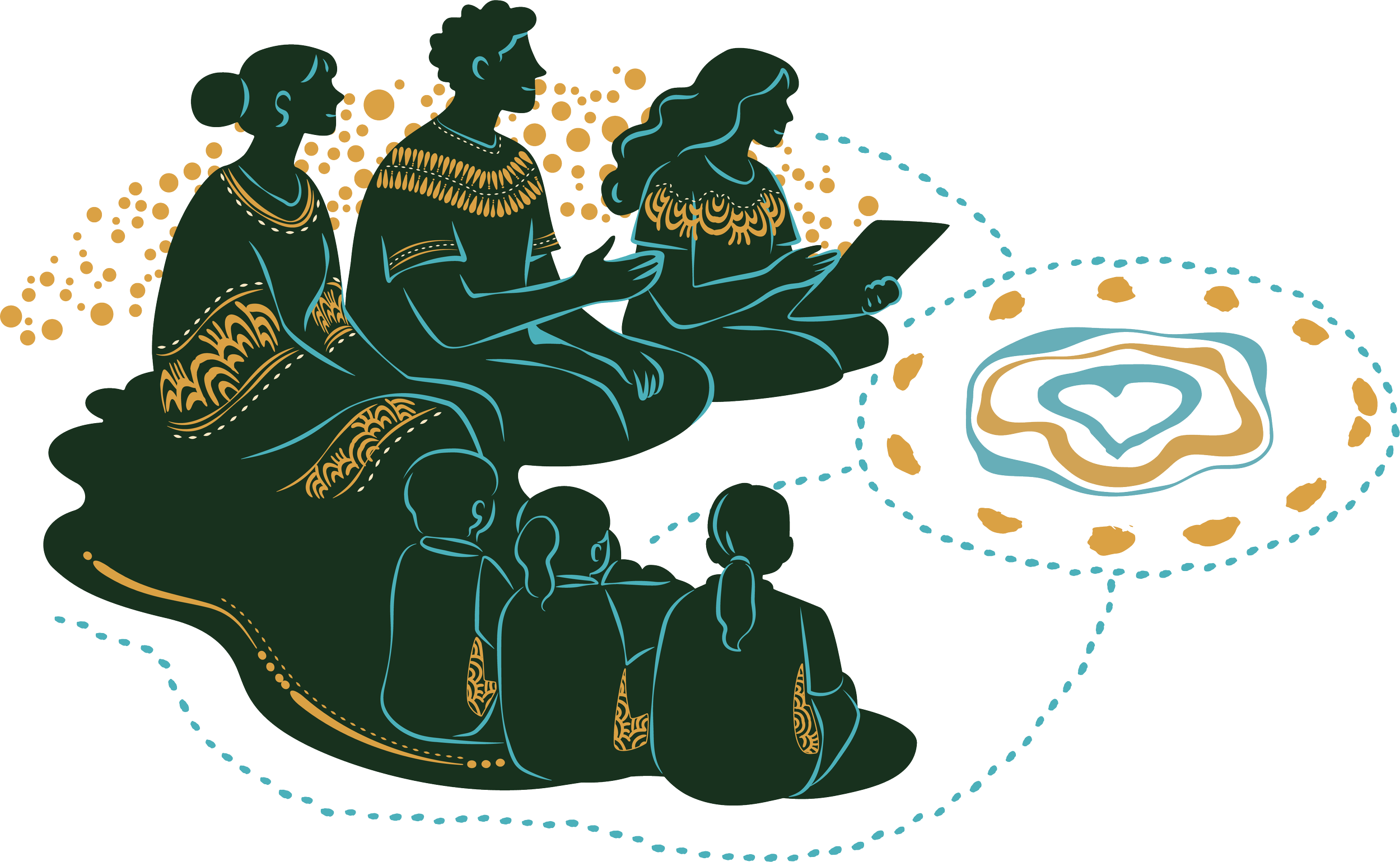 Illustration of diverse women sitting and listening, with one woman using a tablet. The scene is stylized with bold lines and contrasting colors, depicting a discussion or presentation in a community setting.