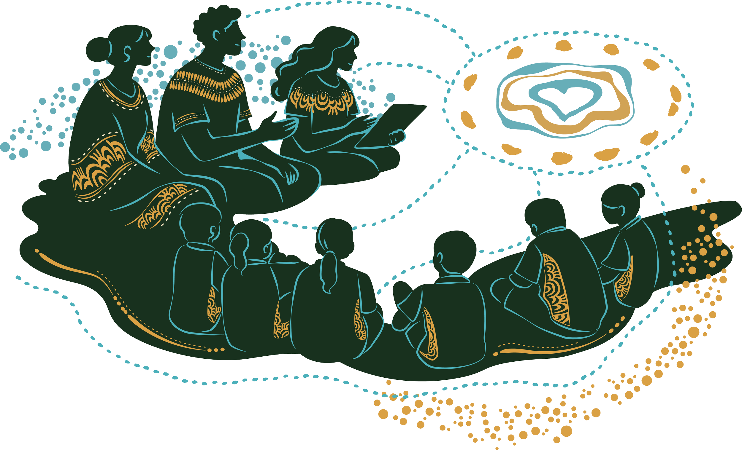 Illustration of a group of people sitting on the ground, some using tablets or laptops, with a stylized map or terrain in the background.