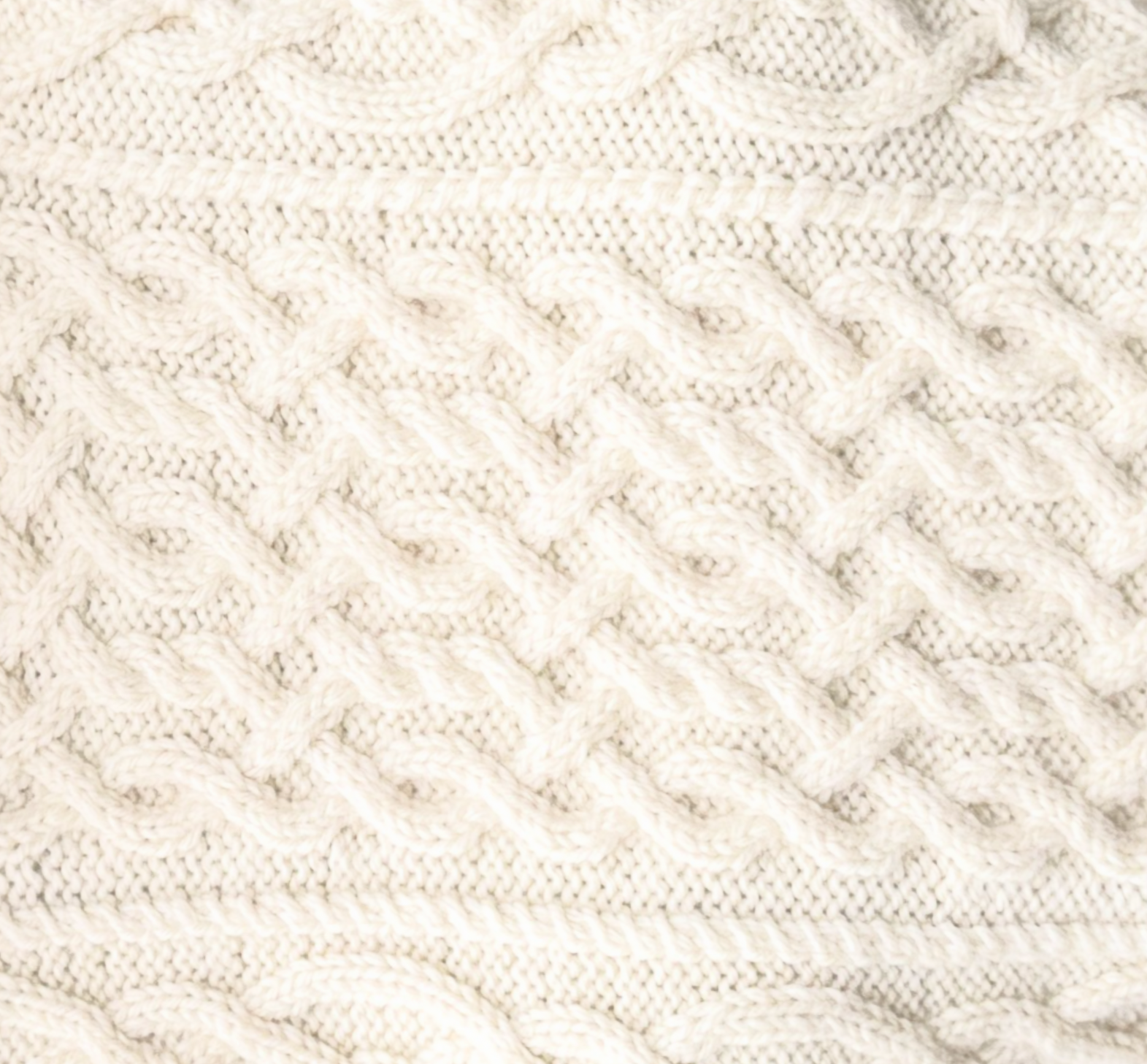 Close-up view of a cream-colored knitted blanket with intricate cable knit patterns.