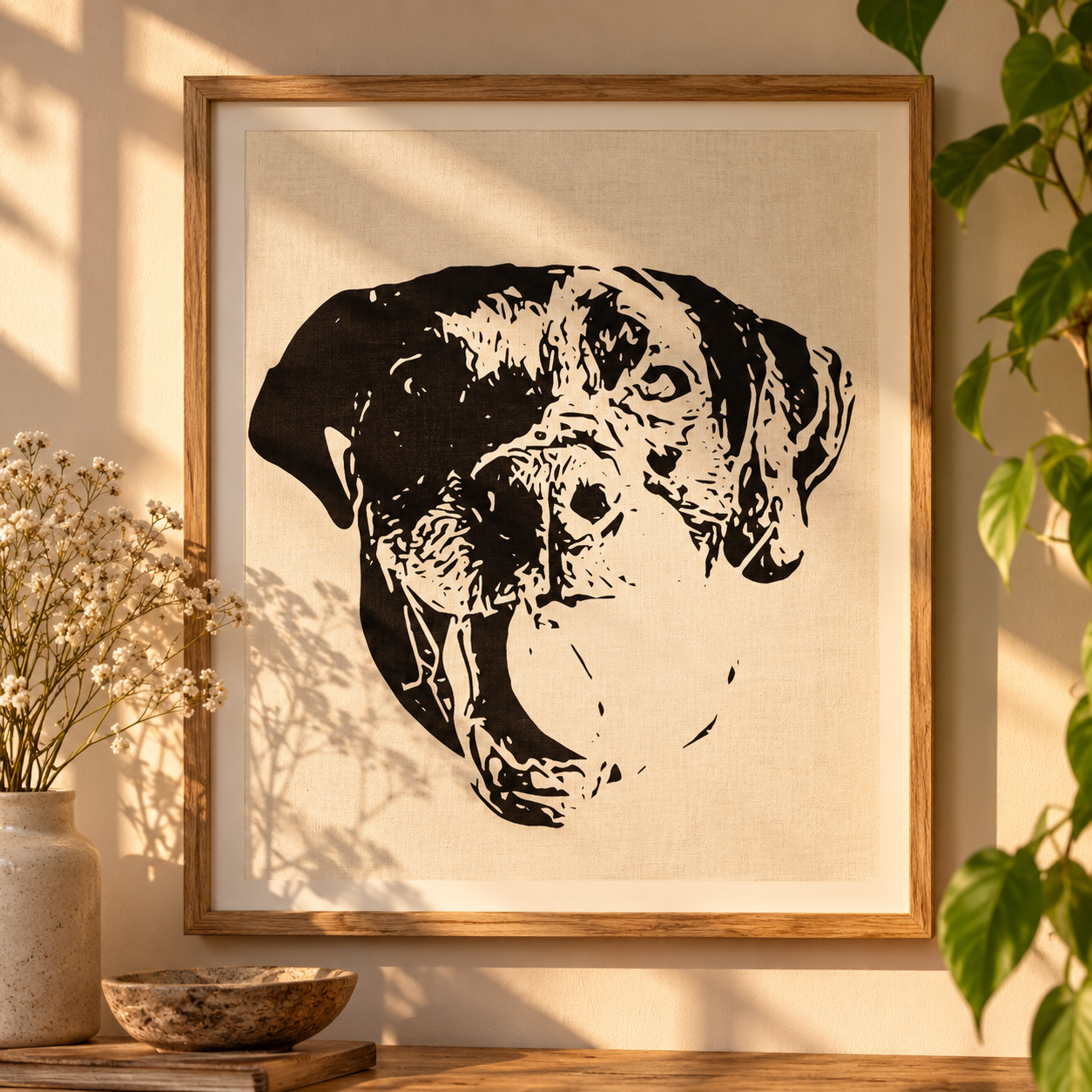 Custom pet portrait of a lab mix holding a ball in their mouth in black and white and framed.