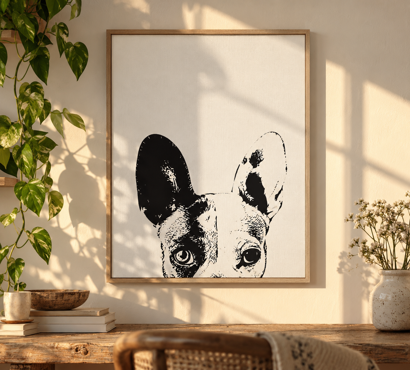 Framed custom pet portrait of a french bulldog in black and white with just the nose and ears sticking up from the bottom of the canvas created by XO alicia jo.