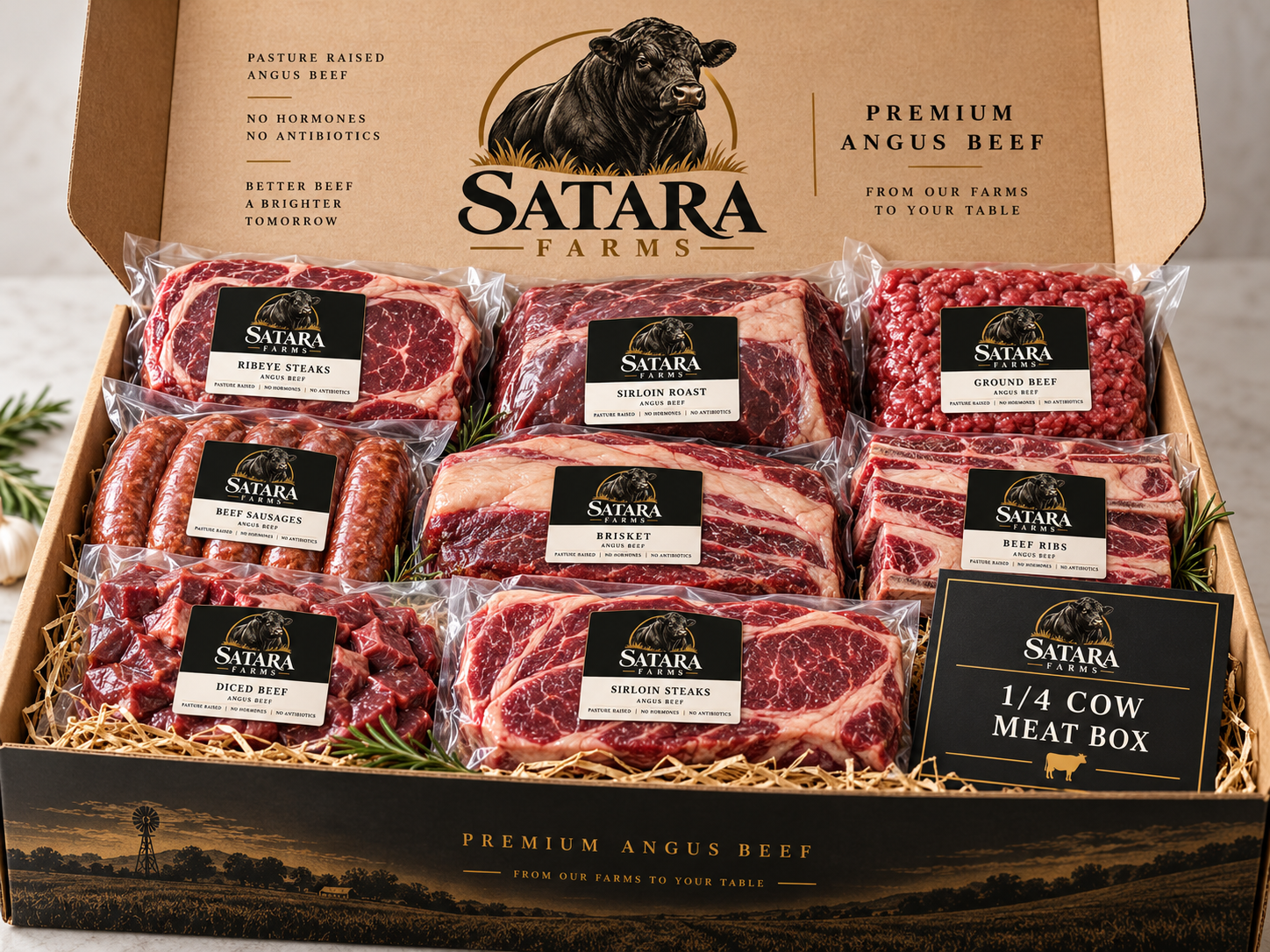 A box of various cuts of premium Angus beef from Satara Farms, including ribeye steaks, sirloin roast, ground beef, beef sausages, brisket, beef ribs, diced beef, and sirloin steaks, with a sign indicating it is a quarter cow meat box.