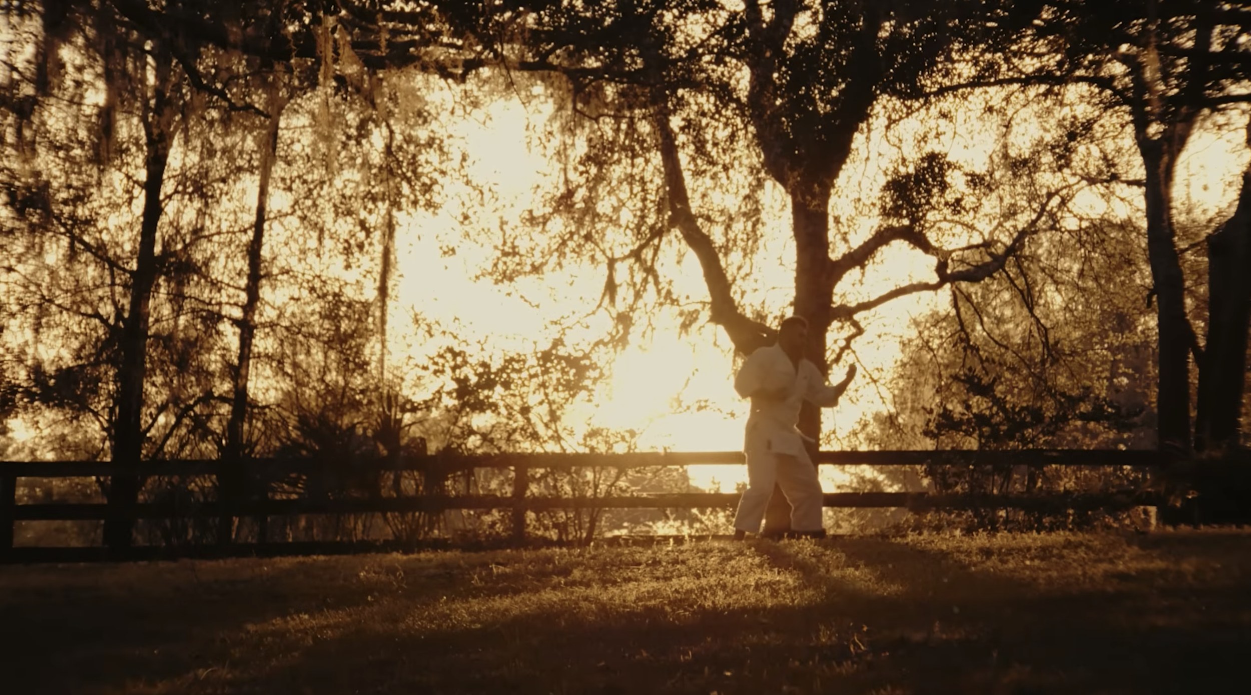 A person dressed in white running or jogging along a pathway with a wooden fence, set against a backdrop of trees and a bright sunset or sunrise, casting a golden glow.