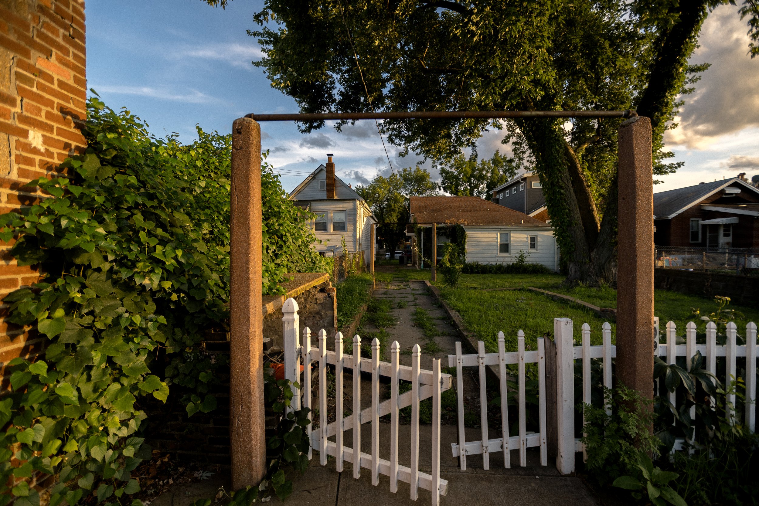 A backyard scene with a white picket fence, green plants, and a metal bar overhead, with houses and trees in the background under a partly cloudy sky.
