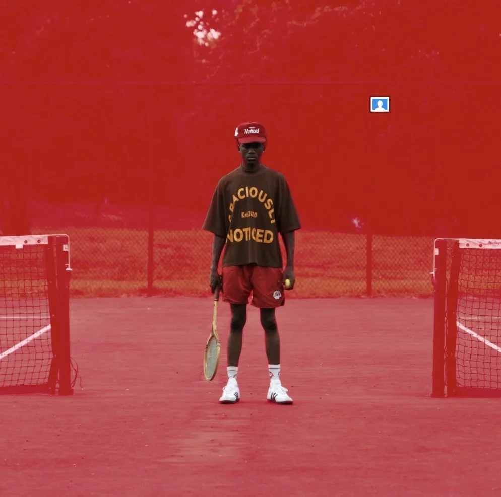 A young person standing on a tennis court holding a tennis racket and a tennis ball, wearing a red cap, brown T-shirt, red shorts, and white sneakers, with a red background and tennis nets on either side.