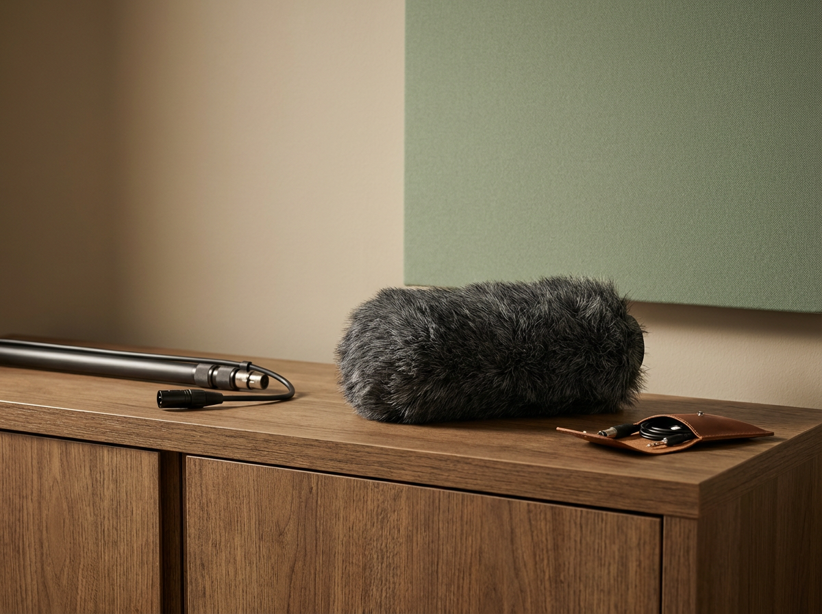 A wooden cabinet with a microphone, a furry windscreen, and a brown leather case with earbuds and a pen on top.