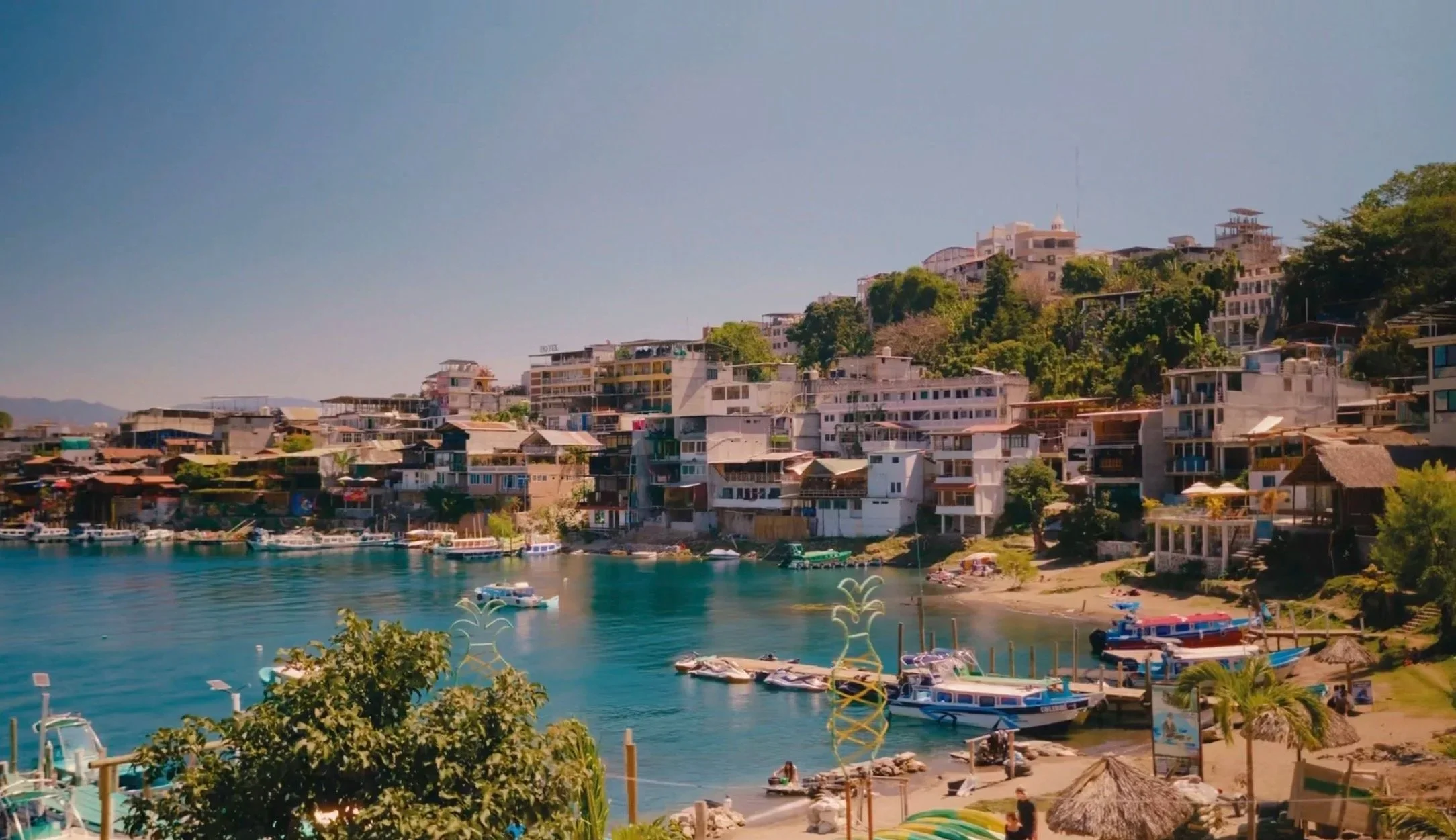 A hillside with numerous residential buildings overlooking a body of water, with boats docked along the shore and green trees surrounding the area.