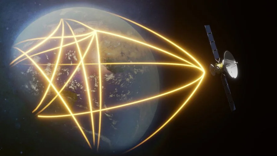 Digital illustration of Earth in space with interconnected glowing yellow lines and a satellite orbiting nearby.