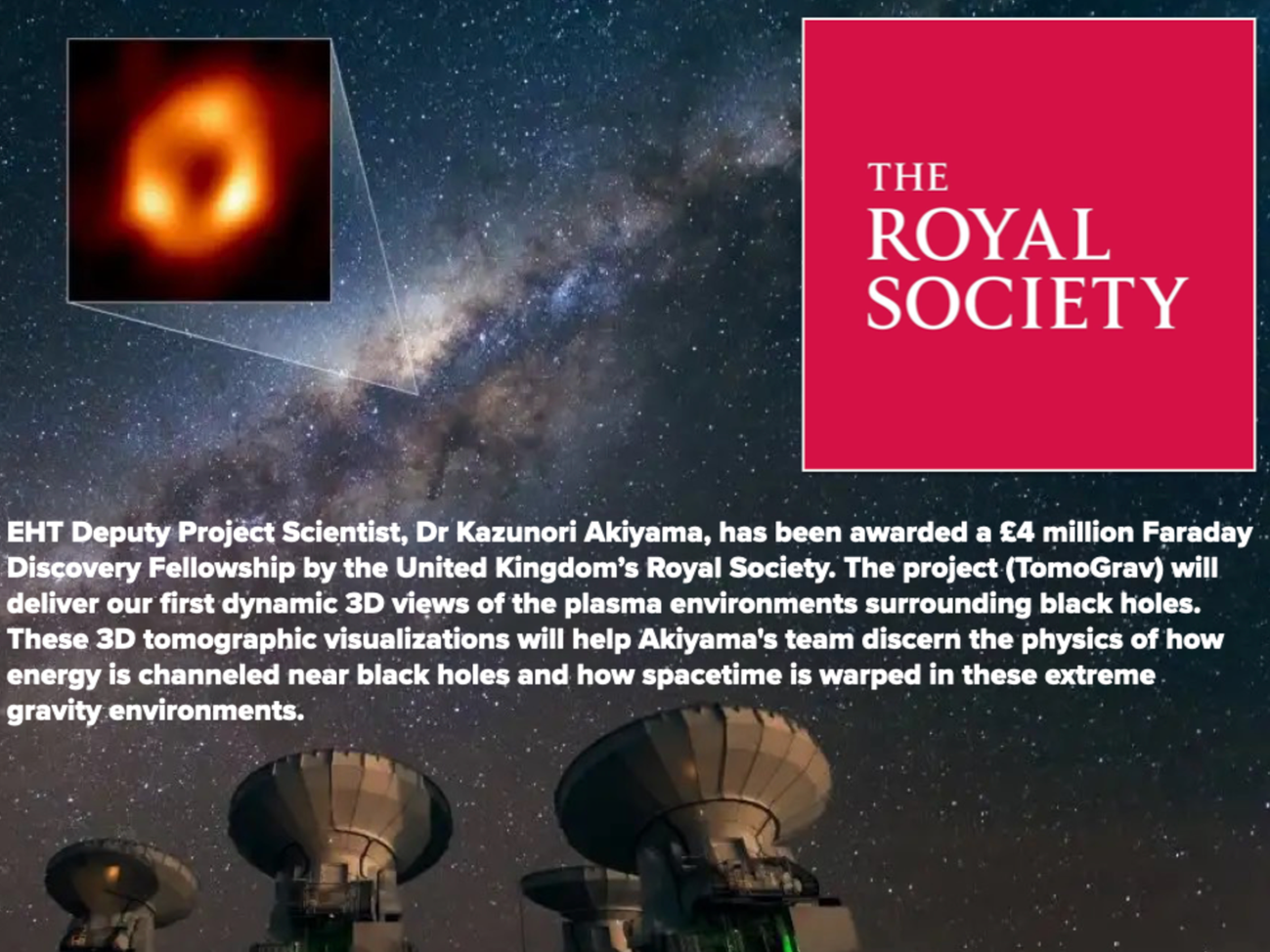 Infographic about a project on black holes, with a starry night sky background, showing the image of a black hole, a red rectangle with 'The Royal Society' text, and radio telescopes at the bottom.