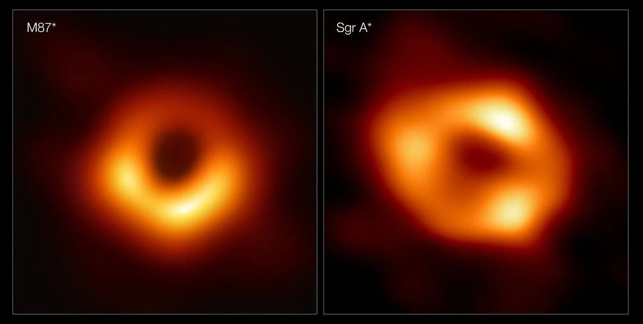 Images of black holes, one labeled M87* and the other labeled Sgr A*.