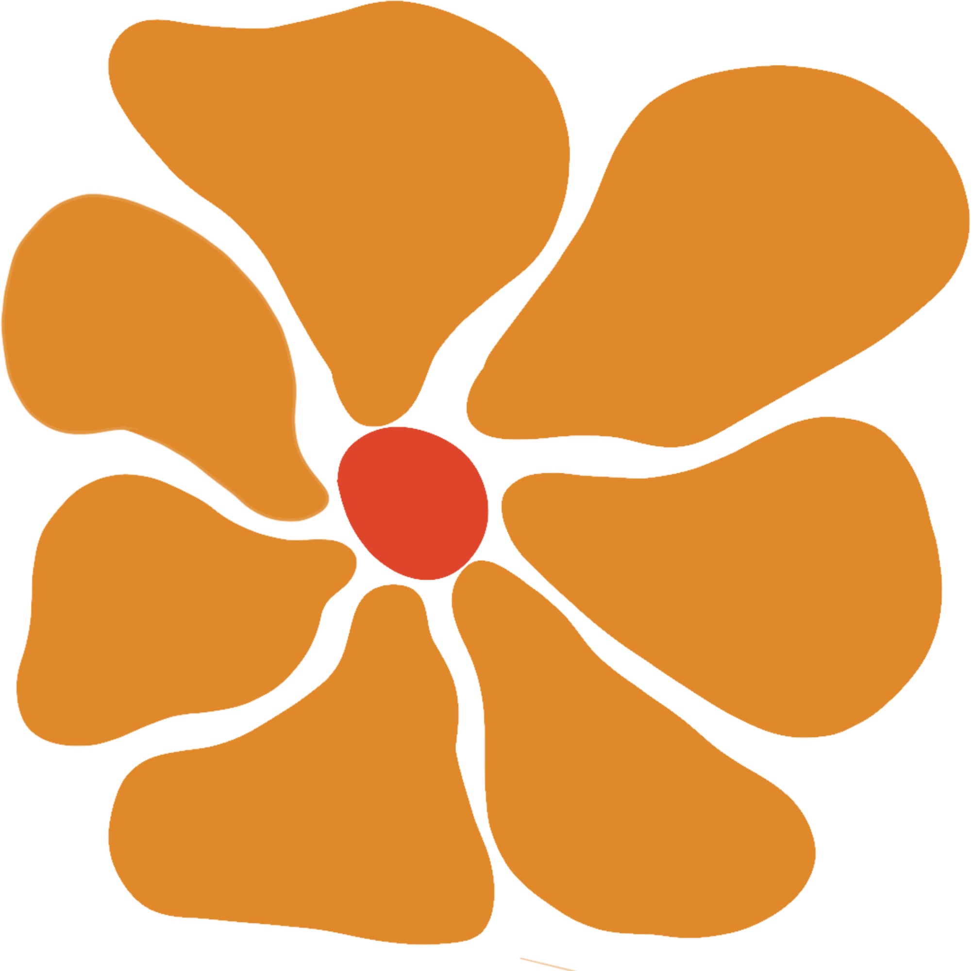 Abstract design with orange blobs and a small red circle on a white background.