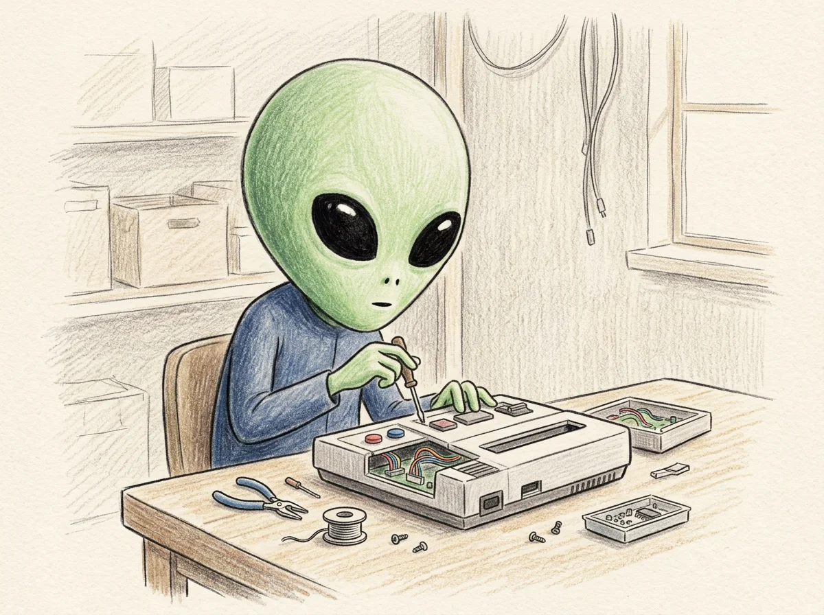 Illustrated green alien repairing an open electronic device with tools and circuit components on a workbench
