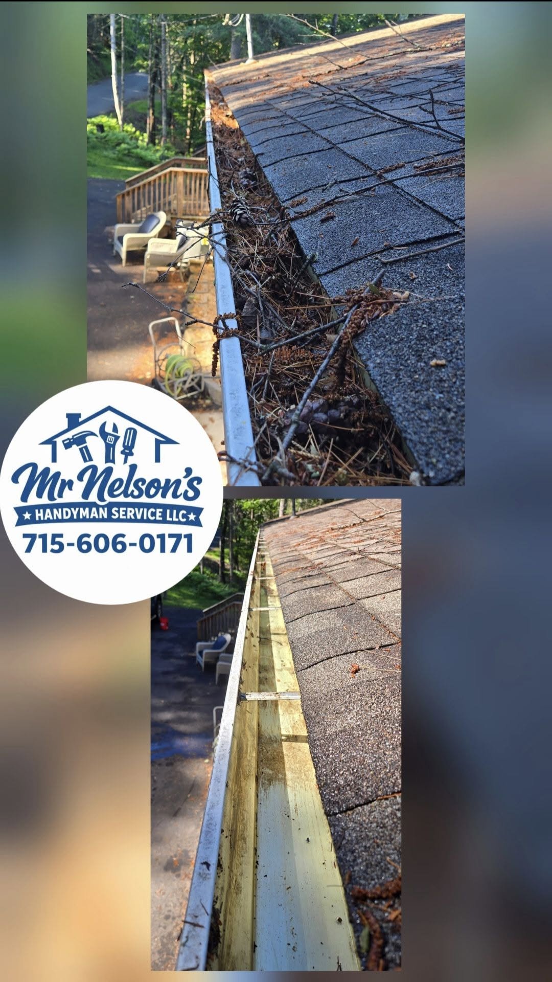 Close-up of a roof gutter with fallen leaves and twigs, showing before and after gutter cleaning, with a house and backyard in the background, and a logo for Mr. Nelson's Handyman Service LLC with contact number.