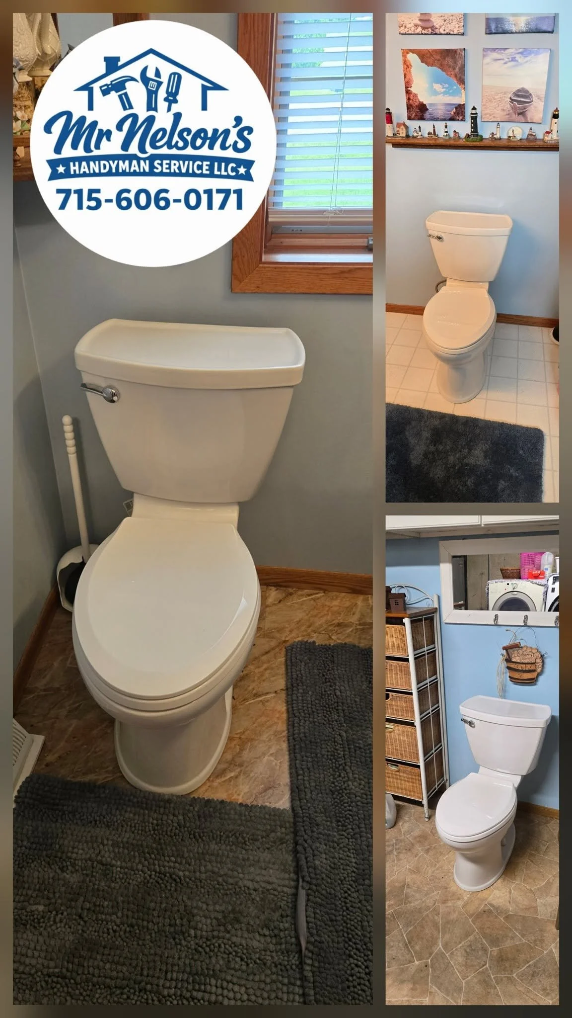 A collage of images showing a bathroom with a white toilet, a black bath mat, a small shelf with compartments, and wall decorations including seaside-themed pictures and a lighthouse. One image features a toilet with a window above it, another shows a decorated shelf and landscape pictures, and the third displays a laundry area with a washing machine visible through a mirror.