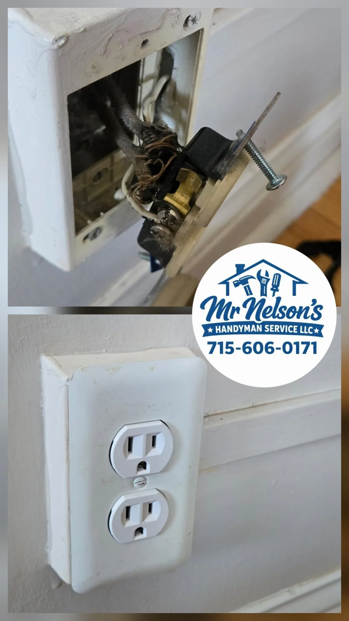 The image shows an electrical outlet with cover plate removed, exposing wiring and a switch or socket mechanism, with some wires tied together. There's a handyman service logo in the bottom right corner.