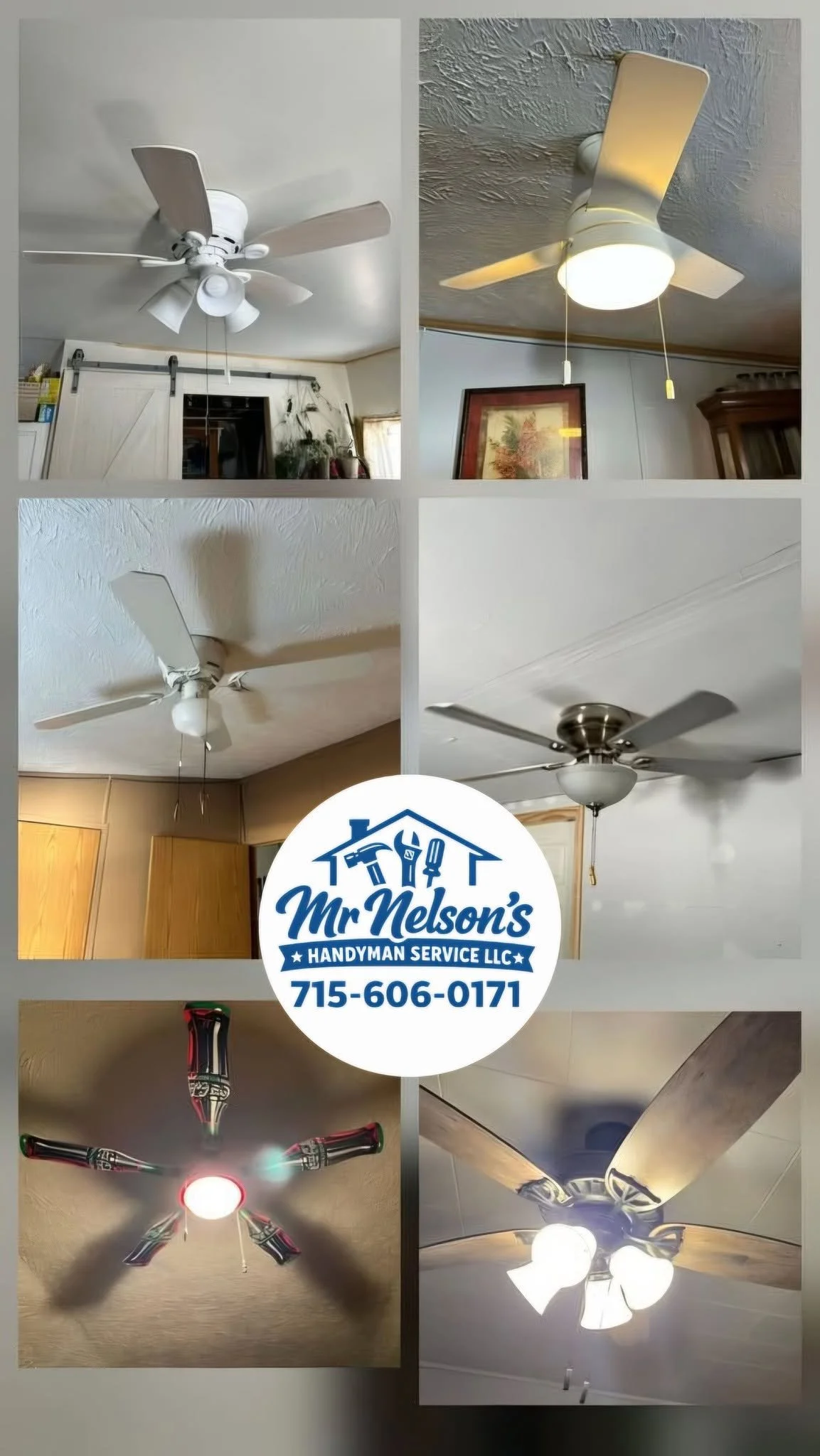 Collage of four ceiling fans, each with different styles and lighting fixtures, with a handyman services logo at the bottom, including contact number 715-606-0171.