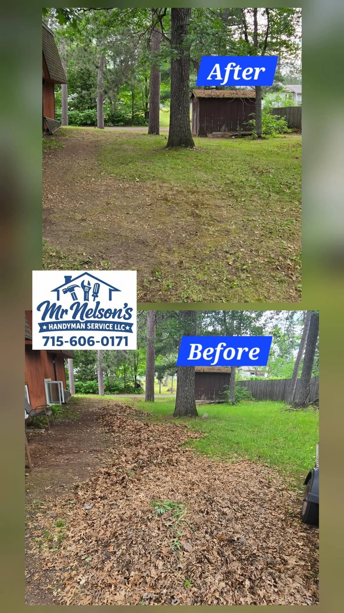 Comparison of yard before and after yard cleanup. The top image labeled 'After' shows a tidy yard with grass and a few trees. The bottom image labeled 'Before' shows the same yard covered with fallen leaves and debris, with some outdoor furniture on the left.
