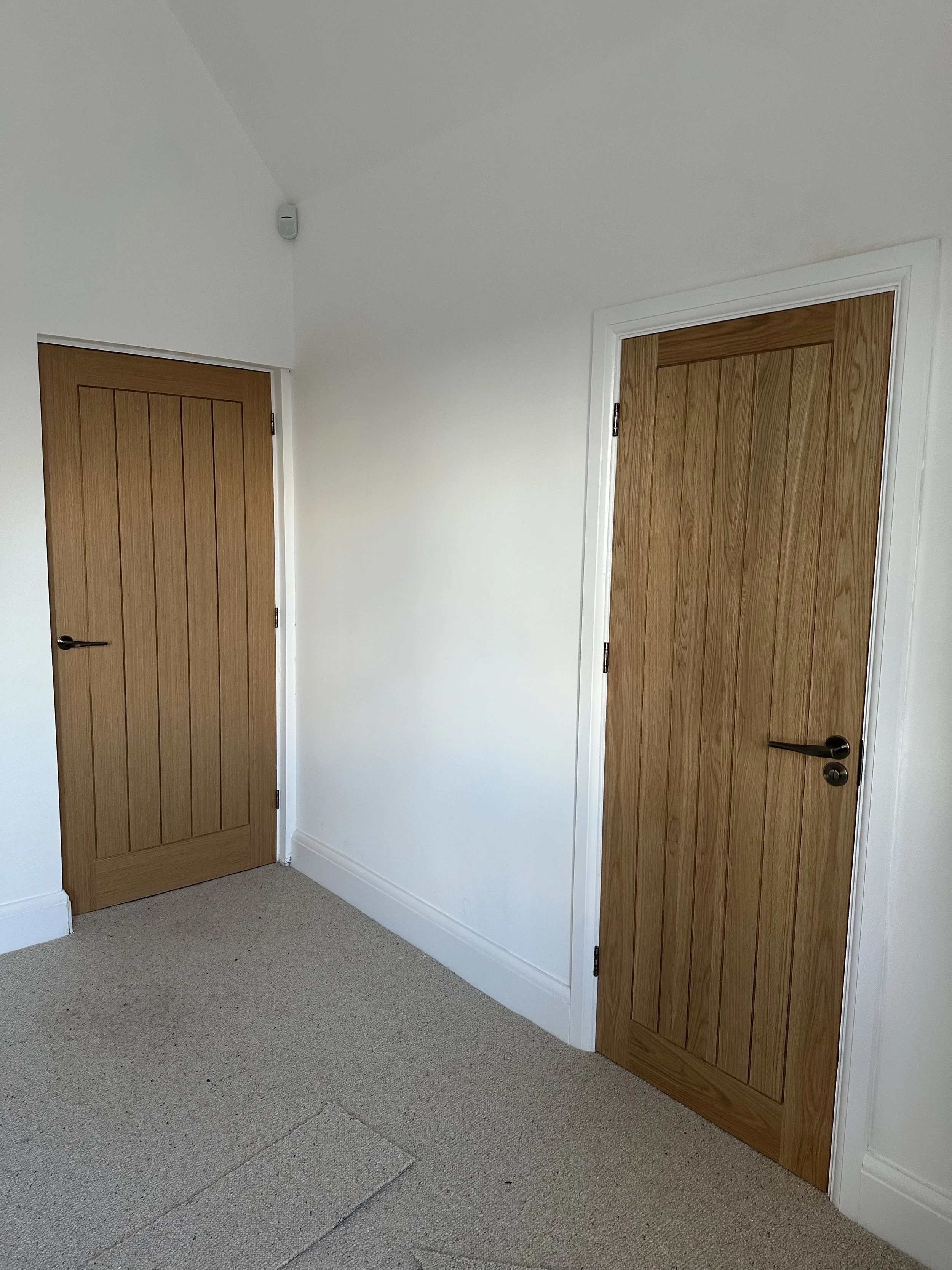 A corner of a room showing two wooden doors with black handles, white walls, a white baseboard, and beige carpet flooring.