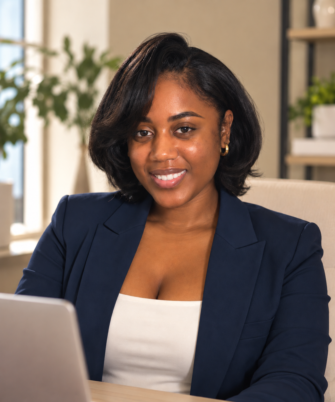 Smiling Black businesswoman in a navy blazer working on a laptop in a bright office