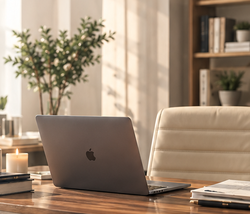 Warm, professional office workspace featuring a laptop on a wooden desk, a cream chair, and natural greenery.