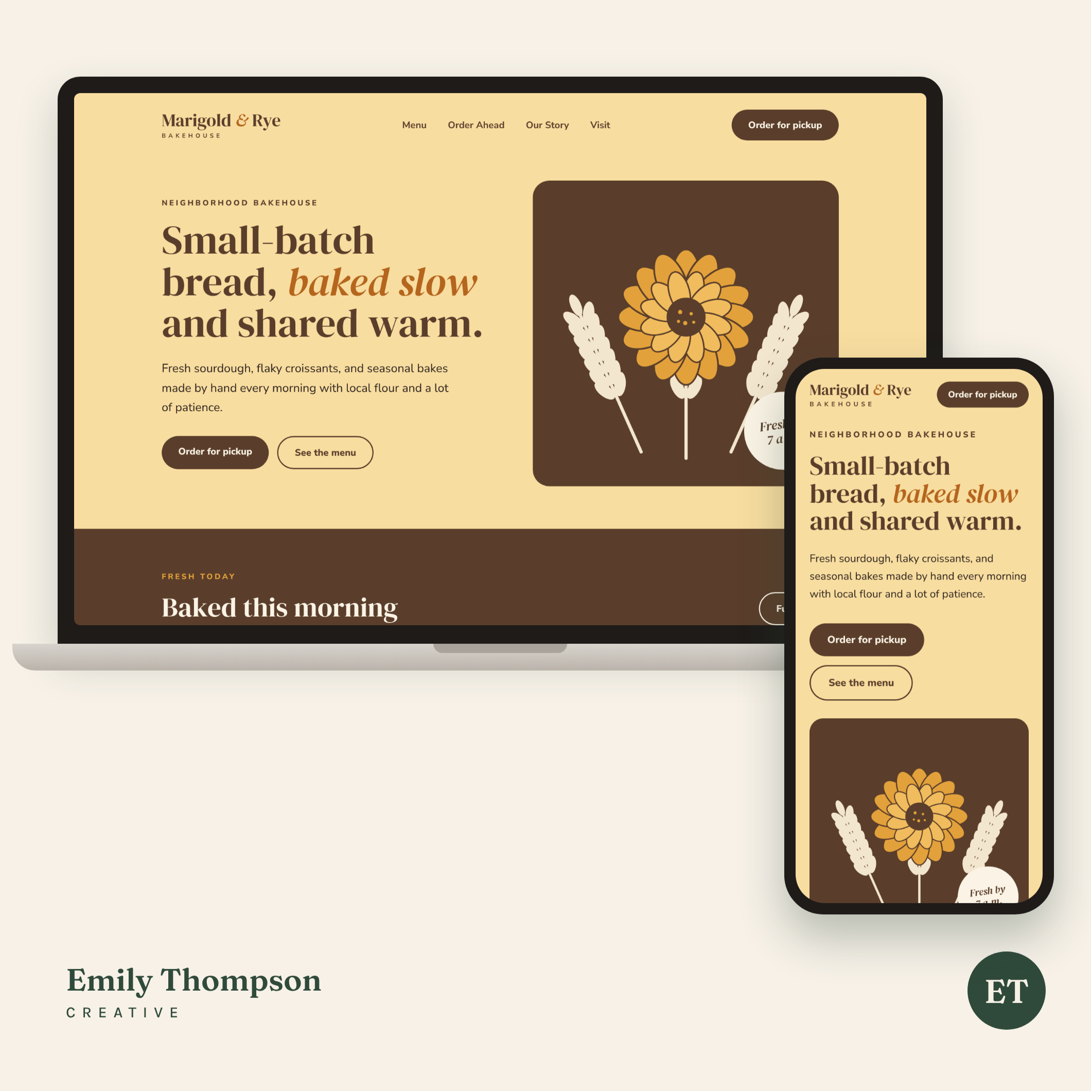 A website screenshot showcasing a bakery named Marigold & Rye with options for menu, ordering, story, and visit. The page highlights small-batch bread baked fresh, featuring a decorative flower illustration in shades of brown, orange, and cream. The website's top button allows for order pickup, and the layout appears on multiple device screens, emphasizing a warm, earthy color palette.