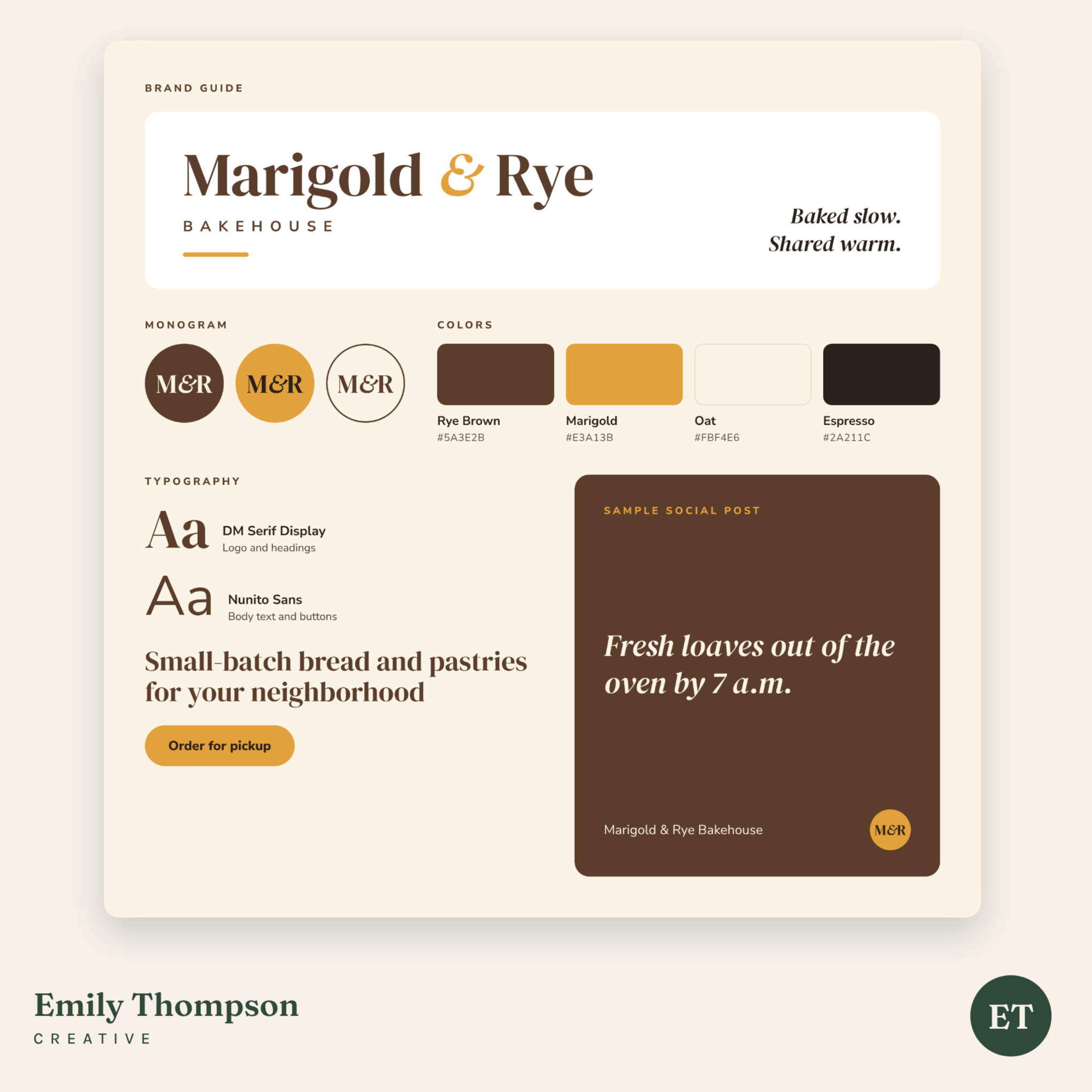 A digital brand guide showing color palettes, typography options, and sample social media content for Marigold & Rye Bakehouse.