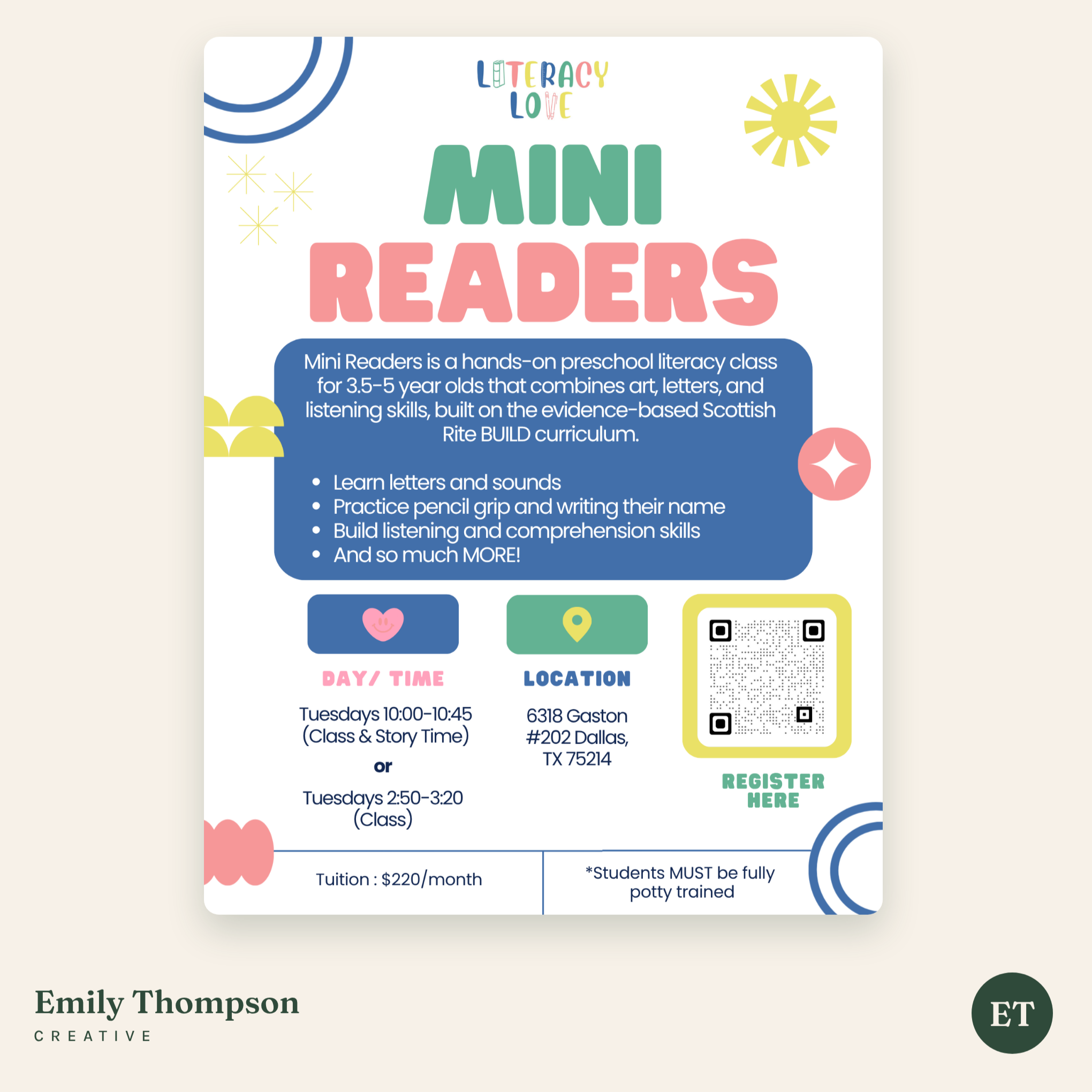 A colorful promotional flyer for a preschool literacy class called Mini Readers. It features playful fonts and graphic elements like stars and shapes, with details about class times, location, schedule, tuition, and registration.