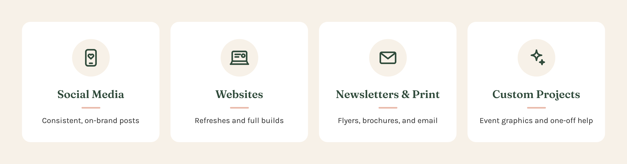 Four service categories: Social Media, Websites, Newsletters & Print, and Custom Projects, each with respective icons and brief descriptions.