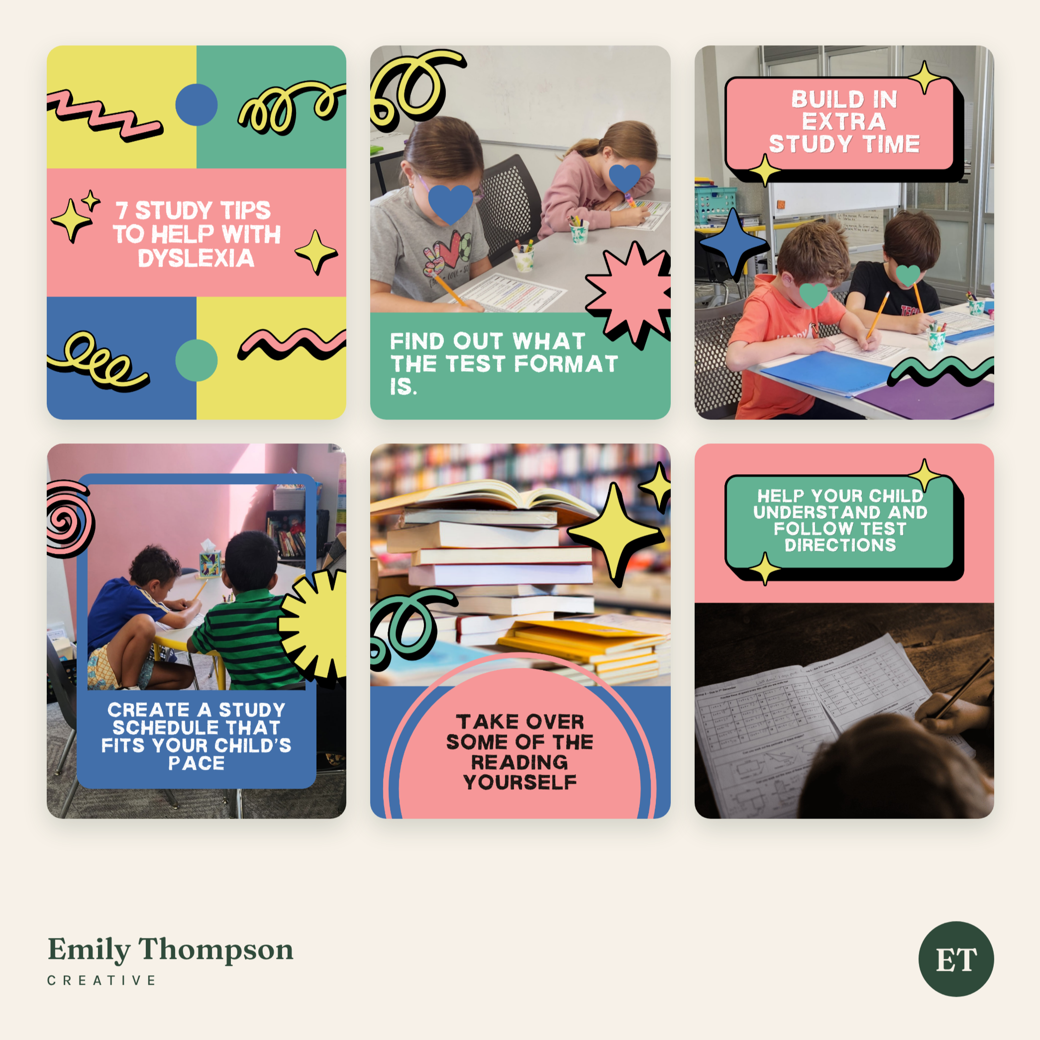 Collection of colorful study tips and classroom images, including students working at desks, with emphasis on strategies for studying, reading, scheduling, and understanding test directions.