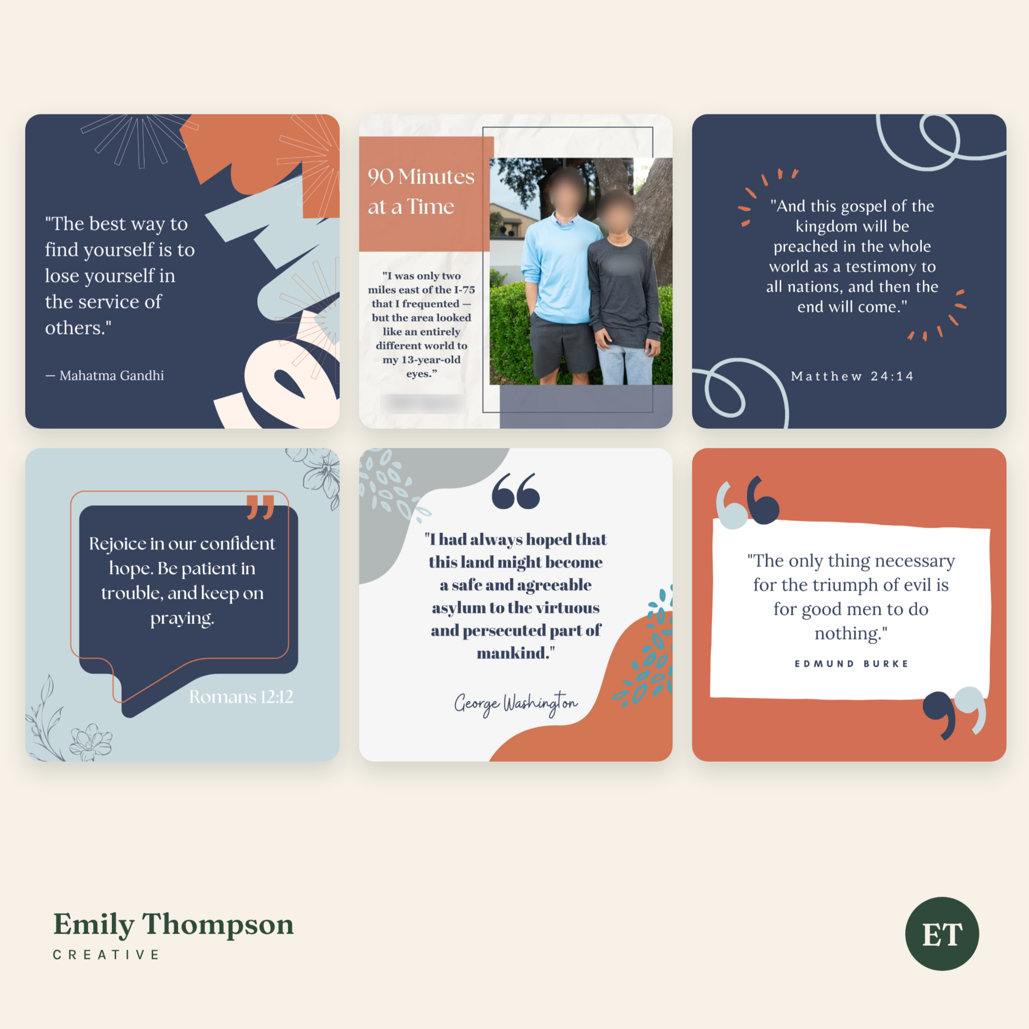 Collection of quotes on faith, hope, and perseverance, with a central photo of two people standing outdoors near a tree. The quotes include references to religious texts and historical figures, with decorative geometric elements surrounding the text.