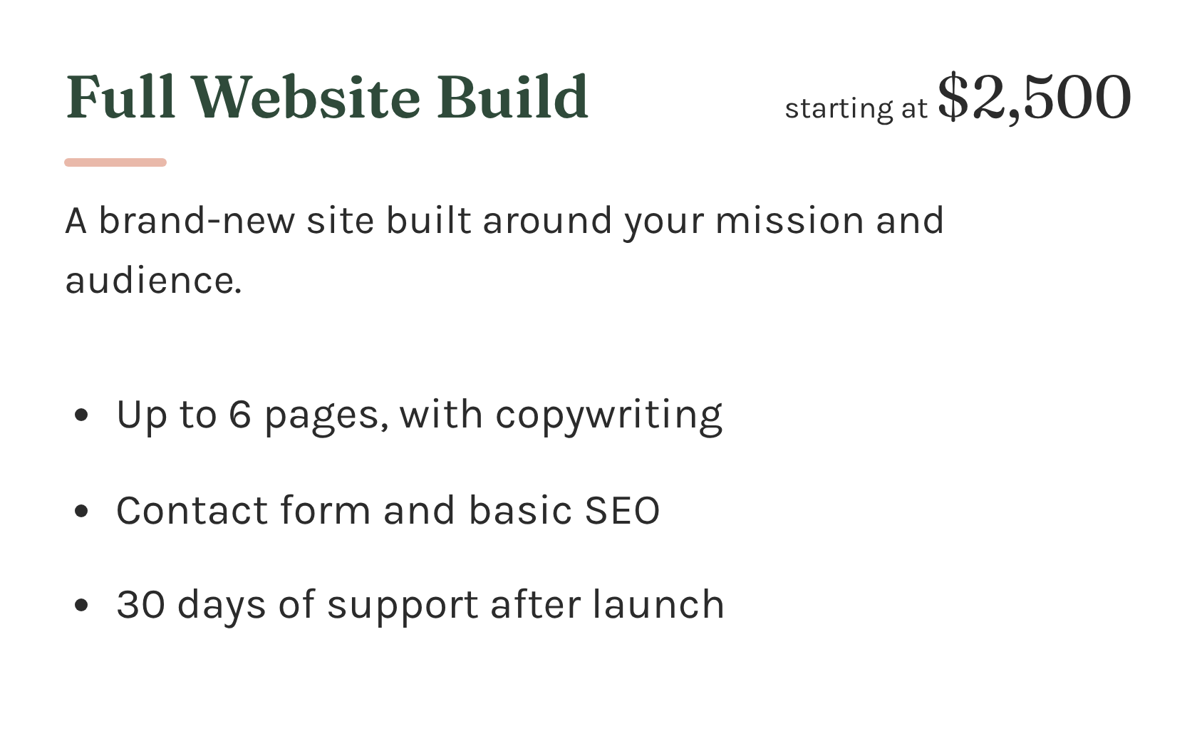 An advertisement for full website build services with pricing starting at $2,500. The ad lists features such as up to six pages with copywriting, contact form and basic SEO, and 30 days of support after launch.