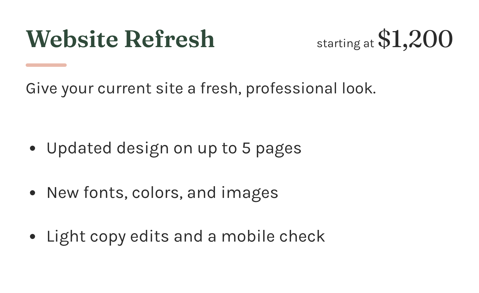 A digital graphic advertising website refresh services starting at $1200, highlighting benefits such as a new design, fonts, colors, images, and mobile check.