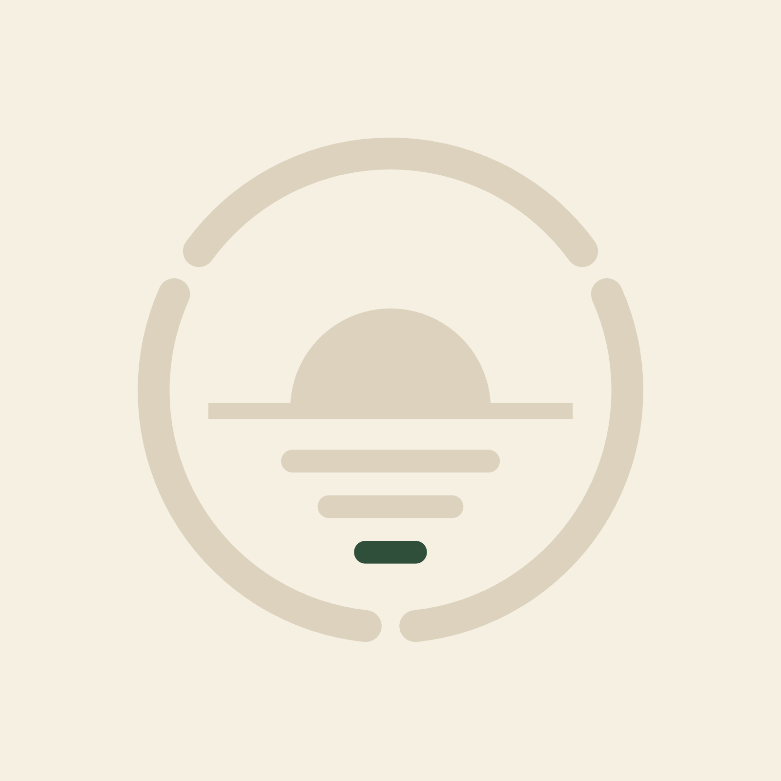 Minimalist beige face icon with closed eyes and a dark green mouth