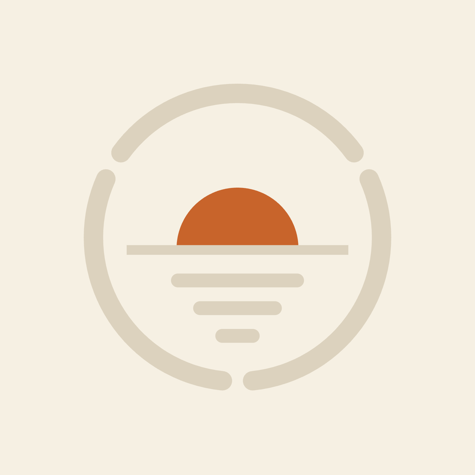 Minimalist sunset icon with an orange half-sun above a horizon line inside a circular outline