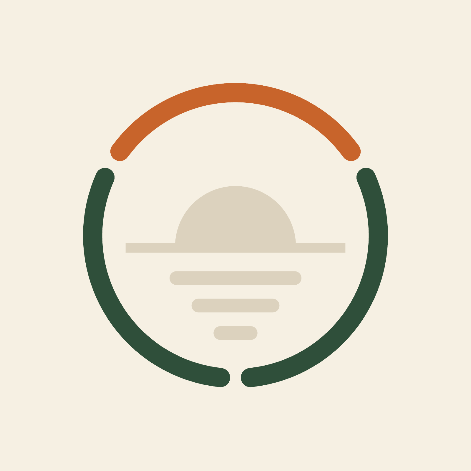 Minimalist icon of a covered serving dish inside a circular orange and green frame