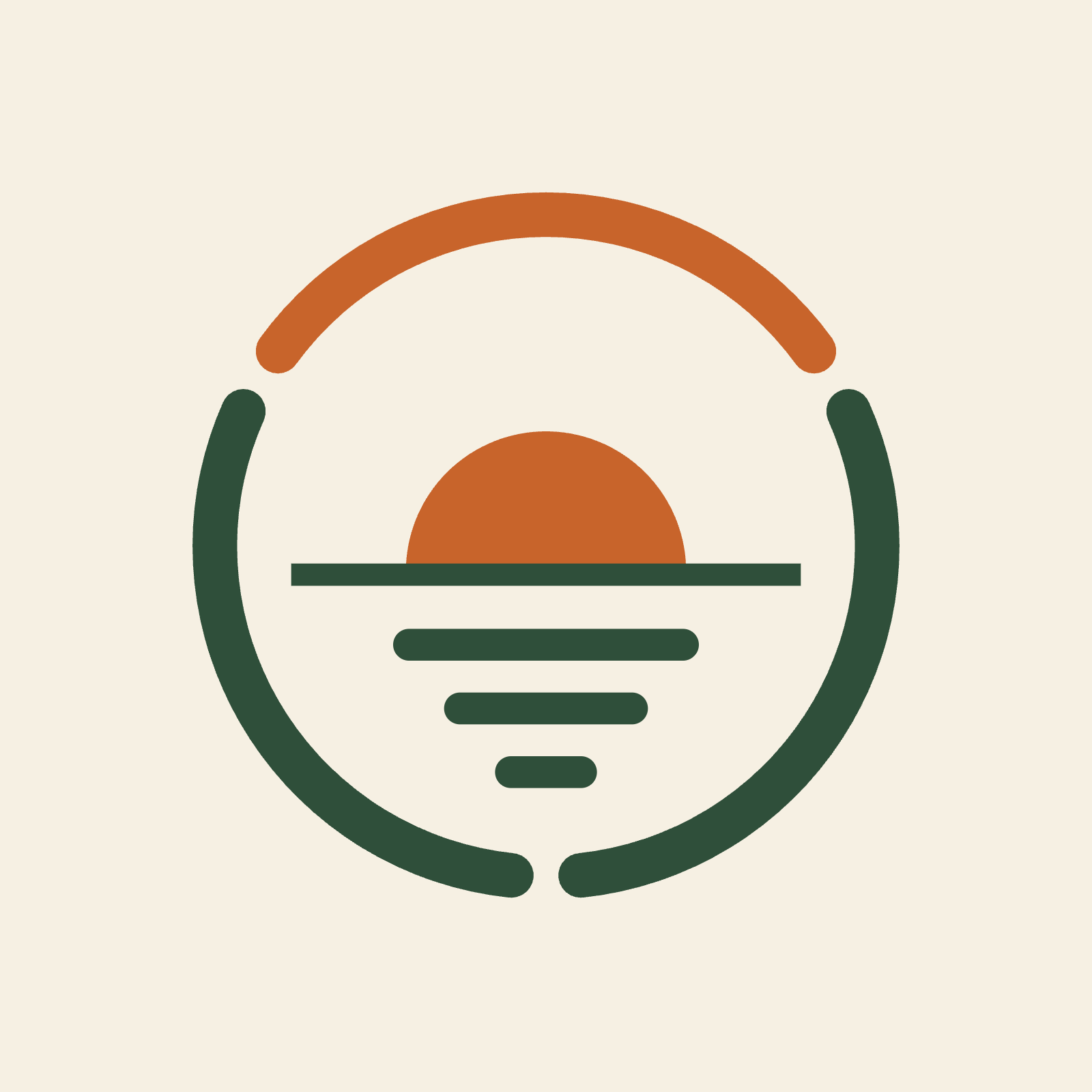 Minimalist sunrise logo with orange sun and rays inside a dark green circle