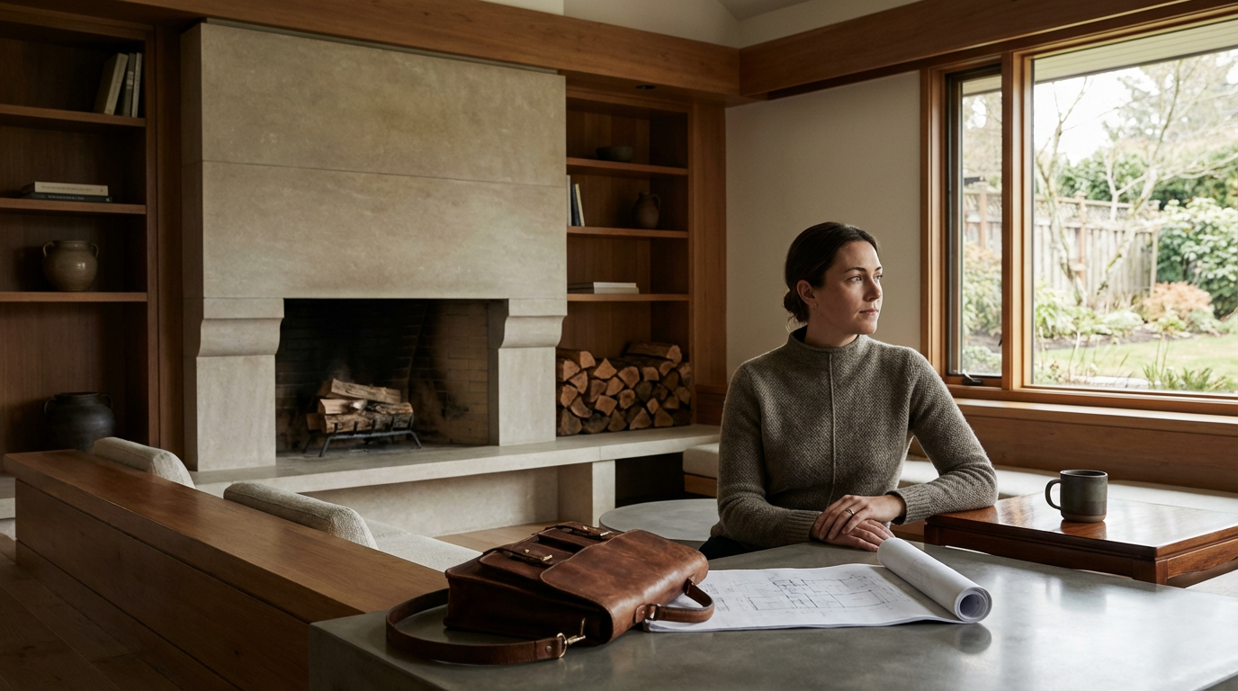 A woman sits at a dining table by a large window in a cozy room, with a rolled-up blueprint and a leather bag on the table, looking out thoughtfully.