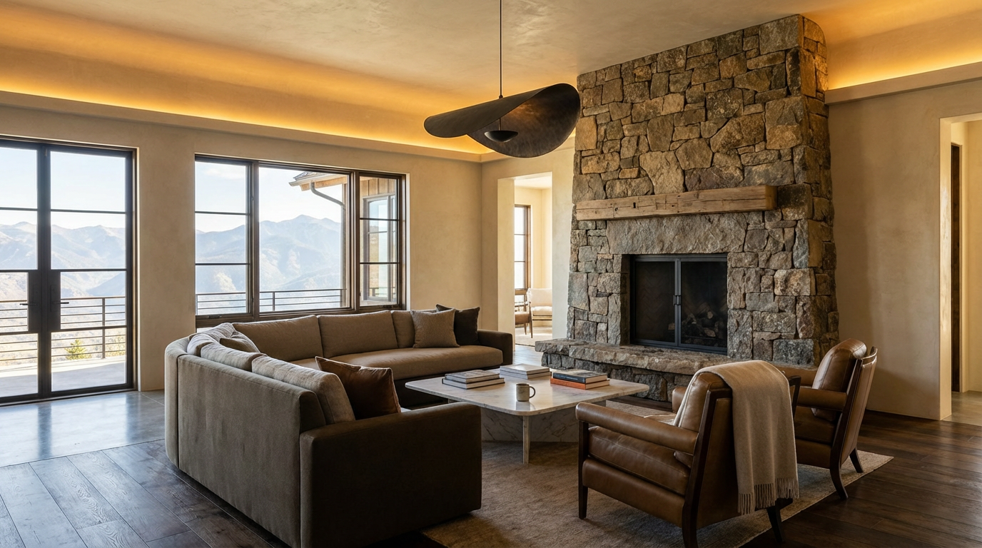 Living room with large windows, a stone fireplace, a beige sofa, leather armchairs, and a mountain view outside.