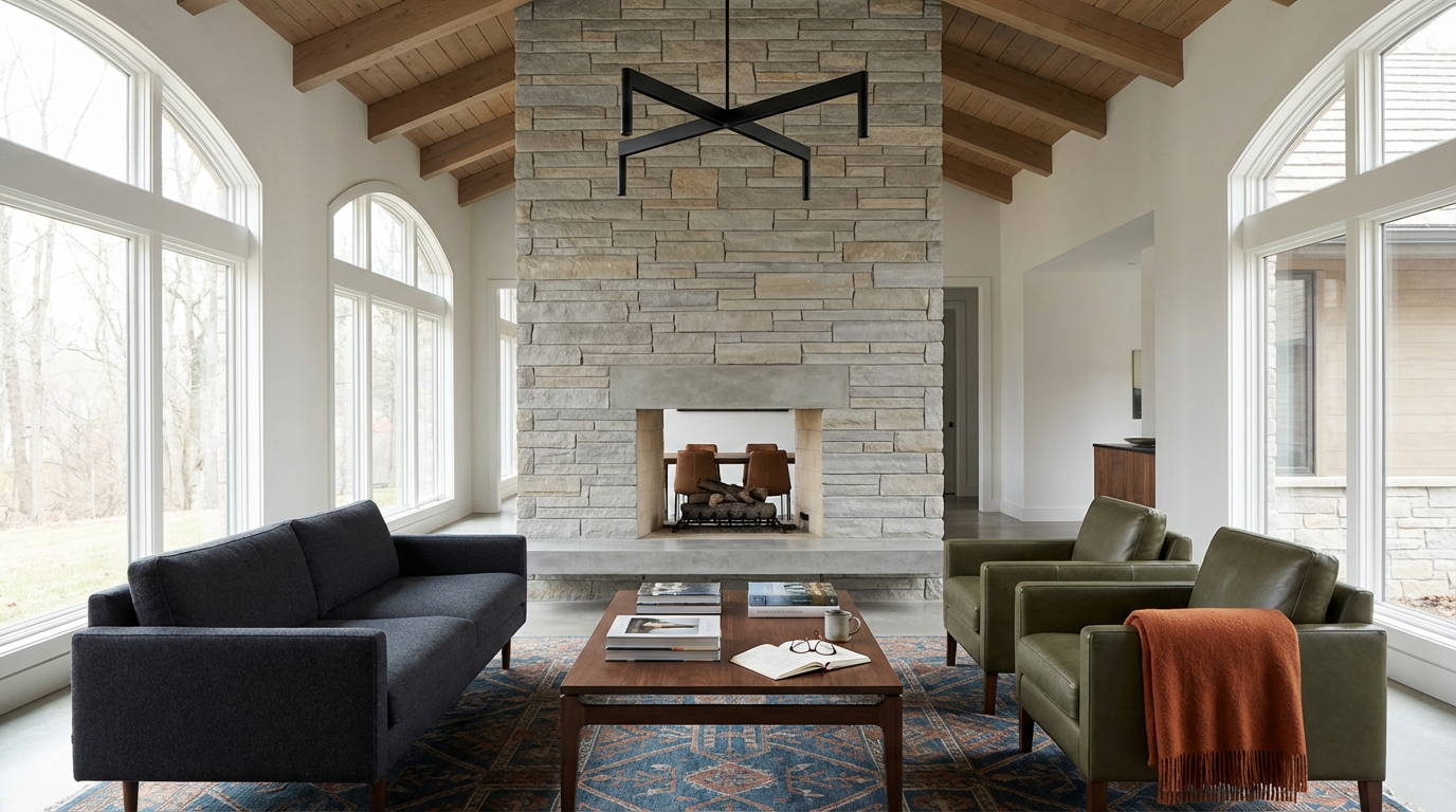 Living room with large windows, a stone fireplace, wooden ceiling beams, and modern furniture including a black sofa, two green armchairs, and a coffee table with books and a mug.