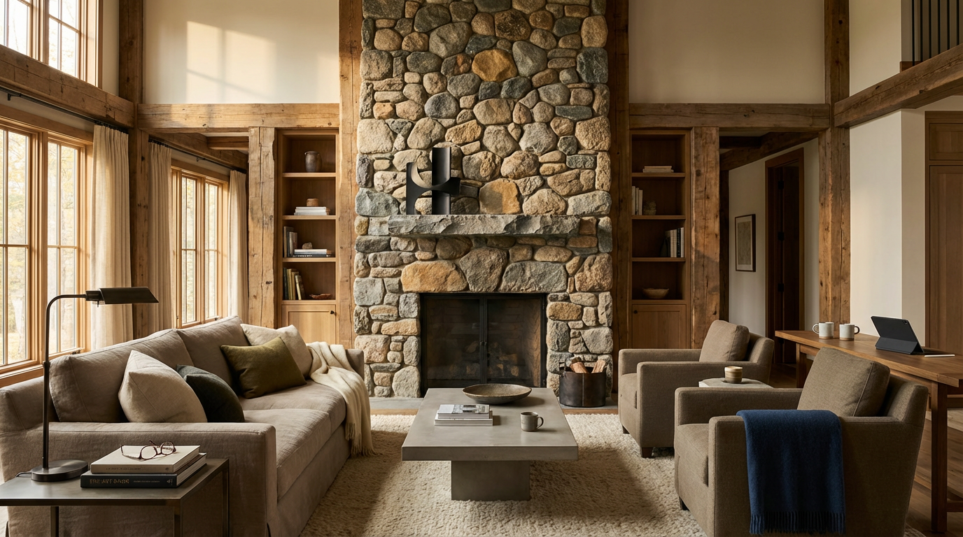Living room with a large stone fireplace, beige sofas and armchairs, wooden built-in bookshelves, large windows with curtains, and a modern decor with coffee table and decorative items.
