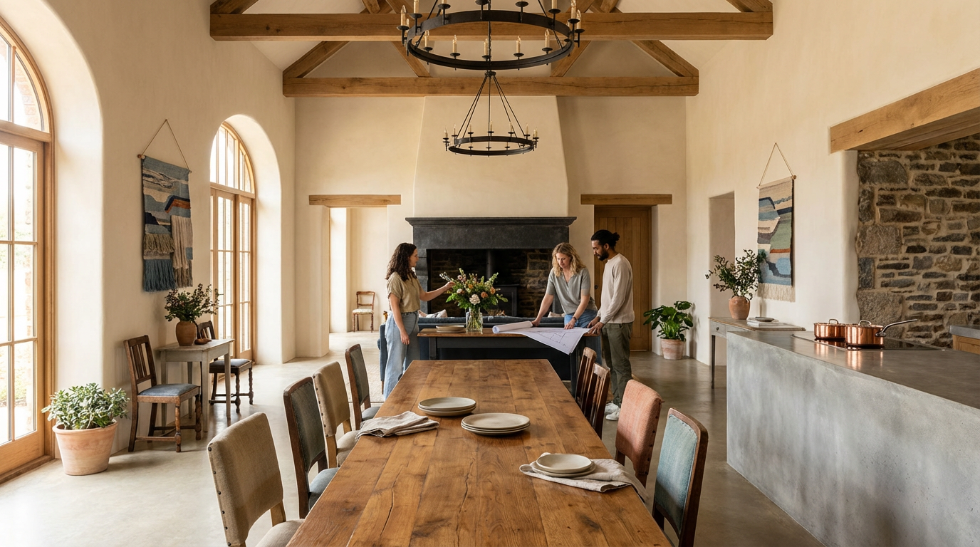 Three people review architectural plans on a black table in a spacious dining room with rustic design, featuring wooden beams, large arched windows, hanging chandelier, and decorated with plants and woven wall art.